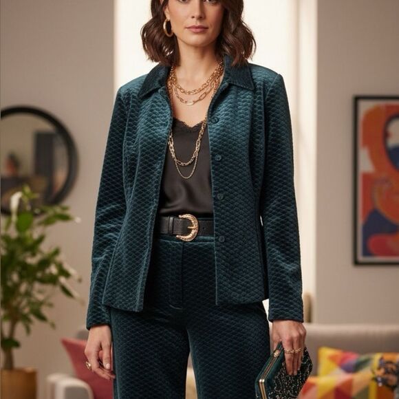 Worth Velvet Holiday Green Quilted Diamond Lined Jacket Blazer 10 - Picture 1 of 8